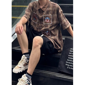 复古潮流刺绣格纹设计感半袖衬衫男女夏季轻奢宽松百搭上衣 C372图片