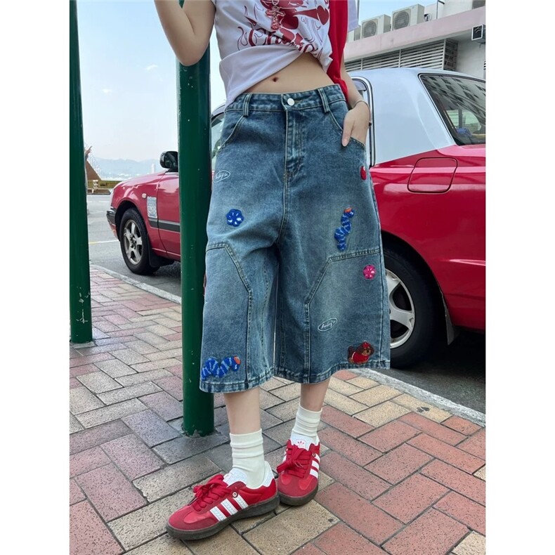 趣味刺绣牛仔七分裤女夏季2025新款做旧水洗宽松直筒休闲百搭短裤,男装牛仔裤,星座1210-1
