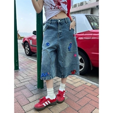 趣味刺绣牛仔七分裤女夏季2025新款做旧水洗宽松直筒休闲百搭短裤，男装牛仔裤，星座1210-1
