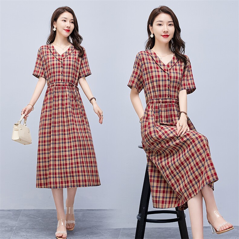 连衣裙2022年夏季潮流舒适简约时尚中长款圆领格子,女装连衣裙,贵人树