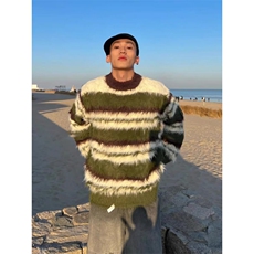 马海毛针织衫男士韩版软糯毛线衣慵懒风绿色条纹毛衣宽松圆领上衣，男装针织衫/毛衣，星座506A