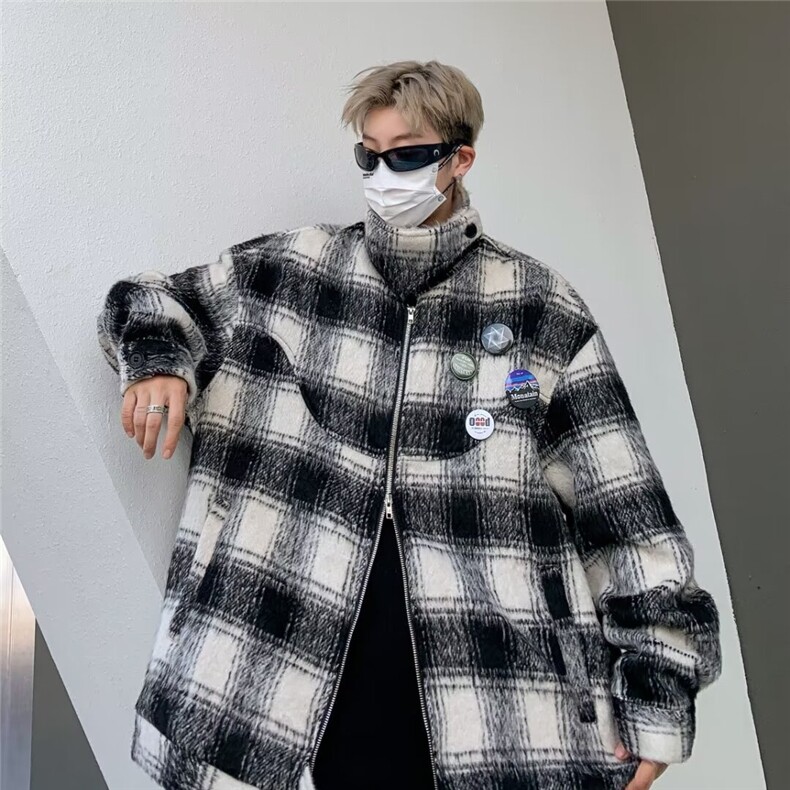 格子毛呢大衣男秋冬季新款加厚日系复古潮牌痞帅W9292-P90，男装毛呢大衣，星座1109-3