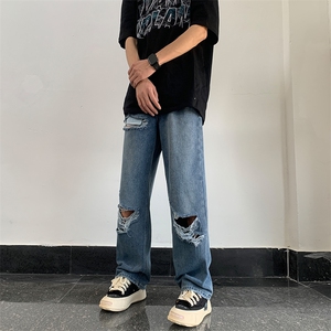 破洞牛仔裤男夏季设计感小众宽松阔腿直筒乞丐裤潮牌潮流vibe裤子图片