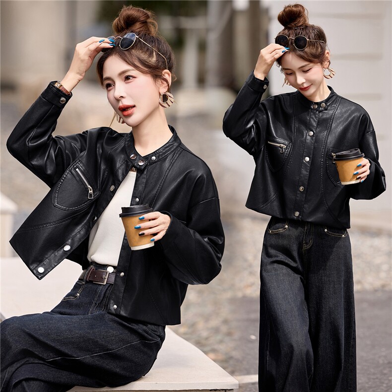 超好看立领短皮衣女2025秋季新款小个子宽松时尚百搭机车夹克上衣,女装皮衣,梦依缘