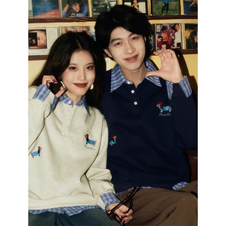 覆古香港风格小众设计对比色拼接假两件套狗狗情侣运动衫，男装Polo衫，星座1210-1