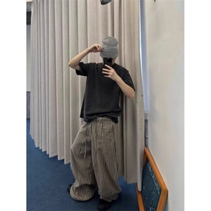 宽松慵懒黑白条纹棉麻阔腿裤松弛感复古休闲直筒拖地裤子 XRG113图片