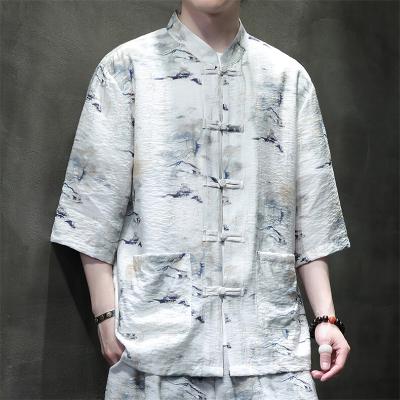 2025夏季新款风男装盘扣新中式唐装竹叶印花衬衫C109-P50,男装衬衫,电商B277(原6028)