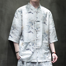 2025夏季新款风男装盘扣新中式唐装竹叶印花衬衫C109-P50，男装衬衫，电商B277(原6028)