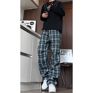 K5055/P40秋装新款美式复古红色格子裤男褶皱直筒裤休闲裤长裤图片