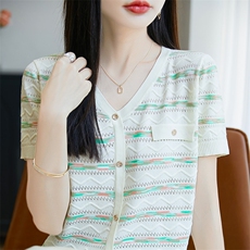 今年新款2025夏显瘦减龄百镂空彩色条纹针织衫V领短袖上衣女上衣，女装针织衫/毛衣，皓宇羊绒