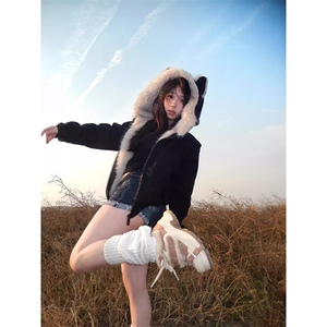现货重磅硬挺boxy羽绒棉衣座山雕猫耳大毛毛领麂皮棉服冬外套图片