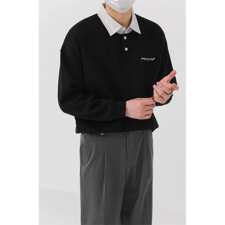 老钱风正肩假两件衬衫领长袖POLO卫衣休闲百搭青年上衣N6621/P68，男装Polo衫，电商A243