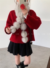 【依嘟】狐狸毛领红色小个子冬新款韩系百搭羊毛外套(配毛领狐狸，女装双面呢大衣，依嘟服饰