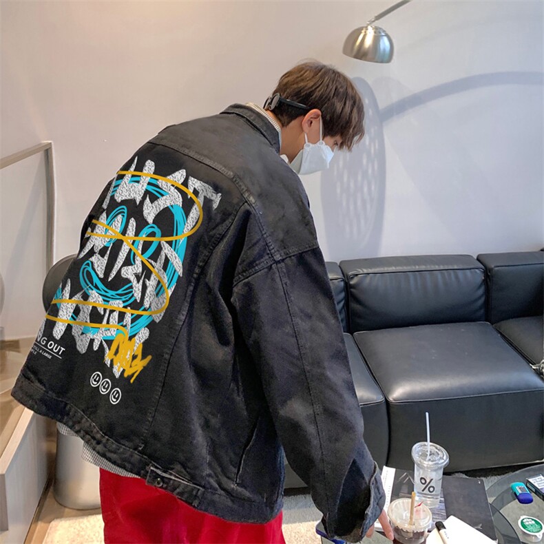 男装牛仔外套2026秋季港风笑脸印花男生翻领夹克XZ514-2-N88-P88,男装工装外套,星座514-2(原B239)