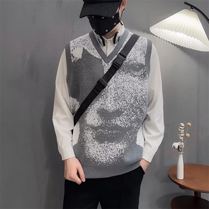 春秋新款灰色拼色毛衣套头马甲男宽松休闲设计感针织衫图片