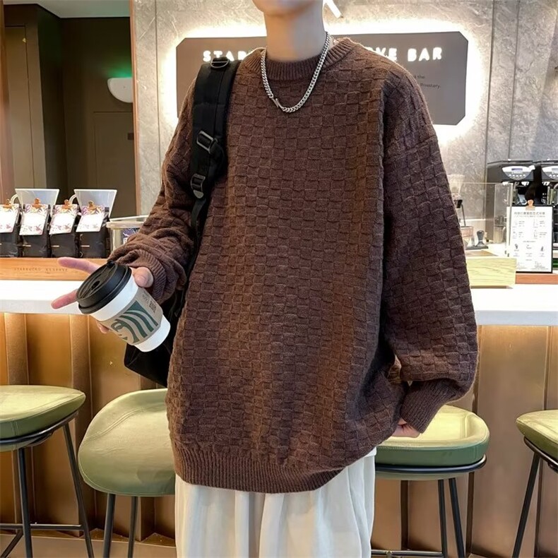 提花格子针织衫秋季情侣男士毛衣日系慵懒风宽松外套7177P50,男装针织衫/毛衣,星座410-2