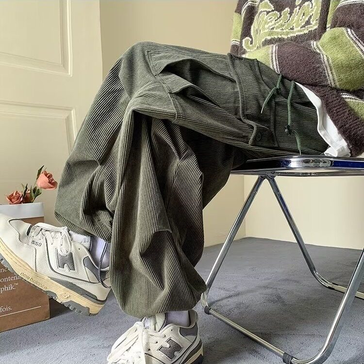 日系灯芯绒休闲裤男女冬季加绒加厚复古宽松工装阔腿裤百搭长裤子，男装工装外套，星座1210-1