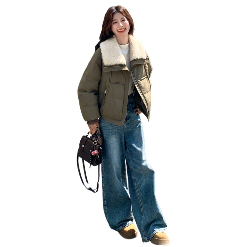 韩版休闲气质90白鸭绒羽绒服女冬季宽松军绿色翻领羊羔毛加厚外套,女装羽绒服,2C166