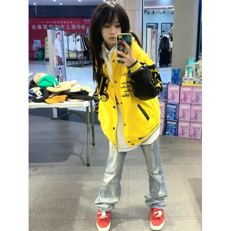 1506-1/JJC0061/P64美式复古火焰字母刺绣pu皮拼接棒球服男女百搭,男装皮衣,星座1506-1