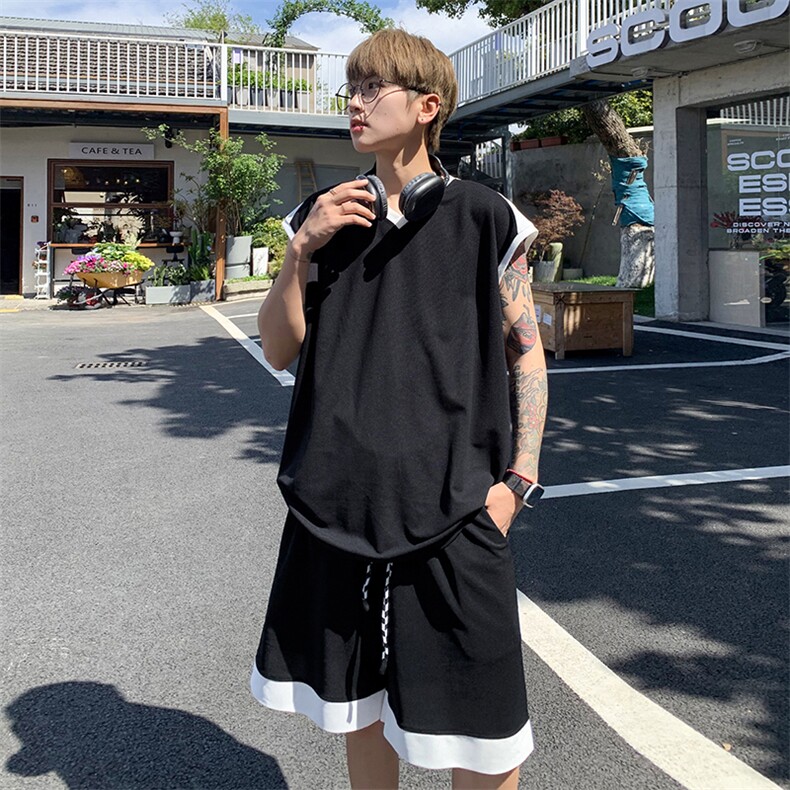 港风无袖运动潮流薄款套装高街休闲宽松百搭运动套装T10TP50控78,男装休闲套装,电商A102B