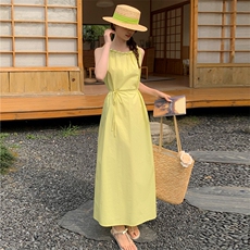 Moriirose湖蓝色立体花系带连衣裙女夏季复古收腰显瘦无袖中长裙，女装连衣裙，贝蕾酷儿