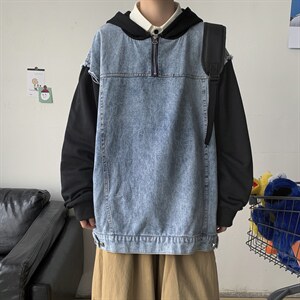 秋冬港风假两件卫衣拼牛仔连帽夹克外套休闲宽松情侣学生H201/P70，男装夹克，钱塘713