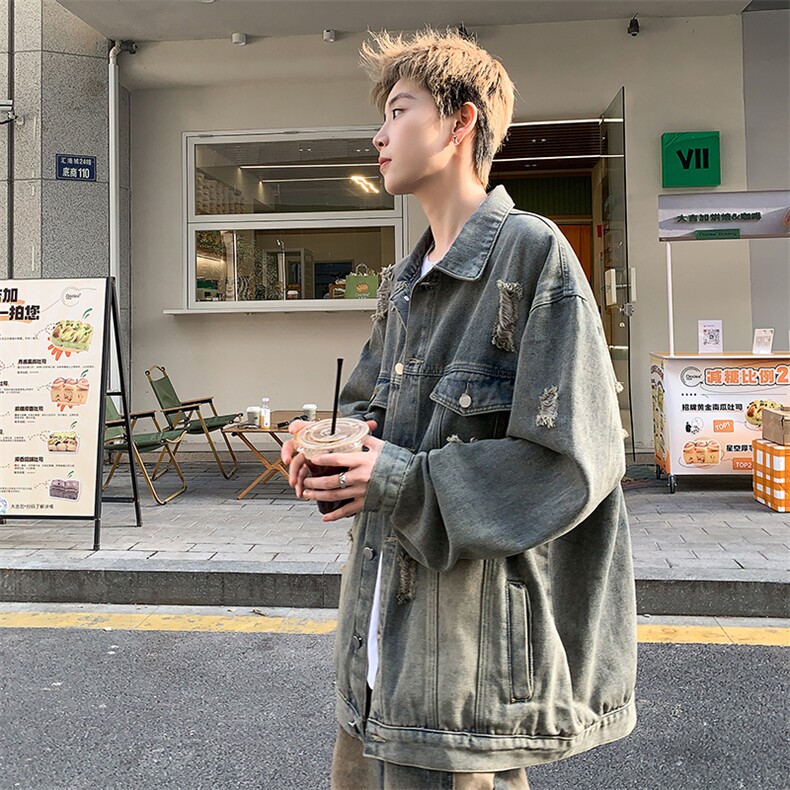 港风破洞牛仔夹克衫痞帅宽松潮牌学生外套韩版上衣HY481TP60控98,男装夹克,电商A102B