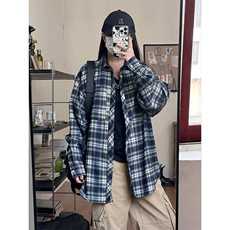 藏青色格子衬衫美式复古高级感长袖衬衣男生ootd穿搭春秋休闲外套，男装衬衫，电商A003