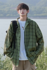 特批P35无差价夏季连帽格子宽松薄款透气防晒复古衬衫外套男J5210，男装衬衫，电商A001-1