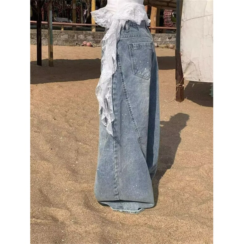 美式泼墨涂鸦阔腿牛仔裤女2025春新款今年流行高腰直筒弯刀裤,男装牛仔裤,星座506A