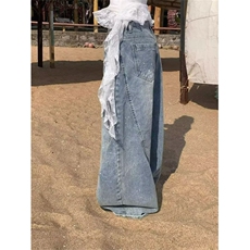 美式泼墨涂鸦阔腿牛仔裤女2025春新款今年流行高腰直筒弯刀裤，男装牛仔裤，星座506A