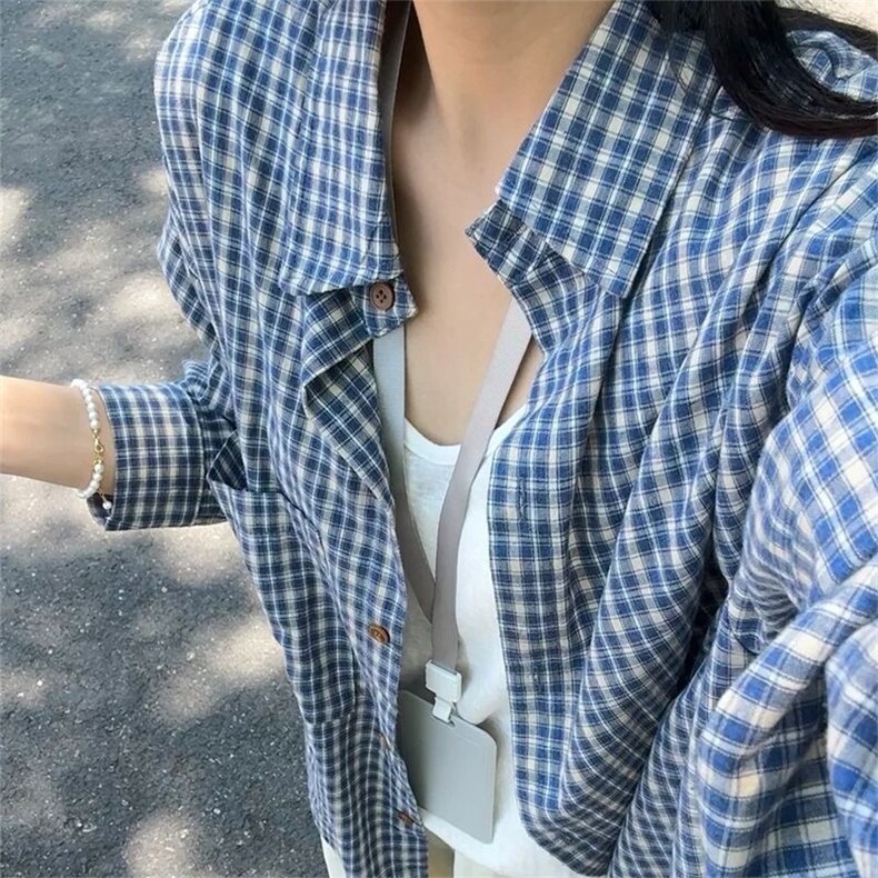 复古蓝色格子衬衫薄款防晒外套女长袖小个子慵懒衬衣宽松春秋上衣图片