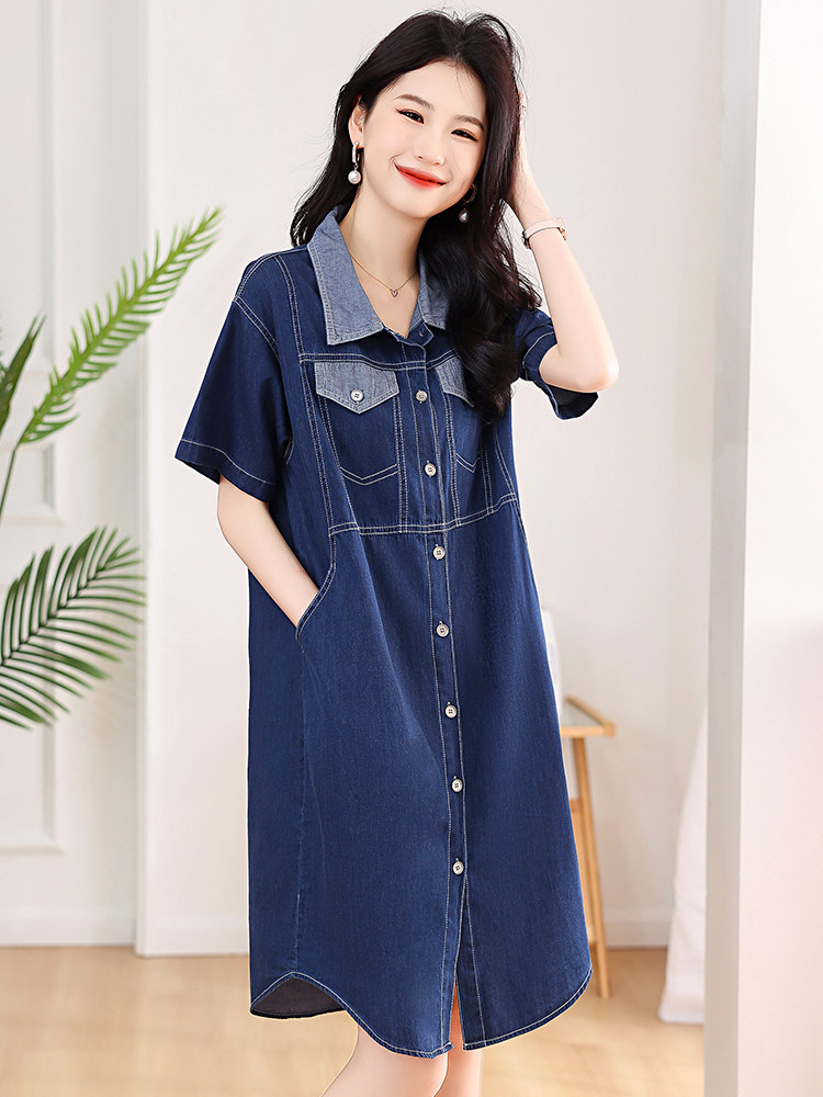连衣裙女2024新款宽松休闲中长款裙子气质翻领牛仔裙小个子显瘦,女装连衣裙,梦懿尔