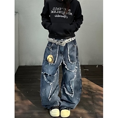 复古破洞牛仔裤女秋季美式设计感宽松垂感直筒阔腿裤子NZ7089，男装牛仔裤，星座516A