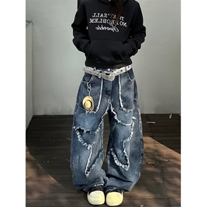 复古破洞牛仔裤女秋季美式设计感宽松垂感直筒阔腿裤子NZ7089图片