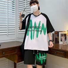 新款夏季短袖t恤套装冰丝透气港风宽松运动青少年男装潮DF323P48，男装休闲套装，电商A086