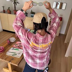 渐变印花格子衬衫男女款美式复古字母长袖衬衣宽松潮牌春秋季外套，男装衬衫，星座1210-1