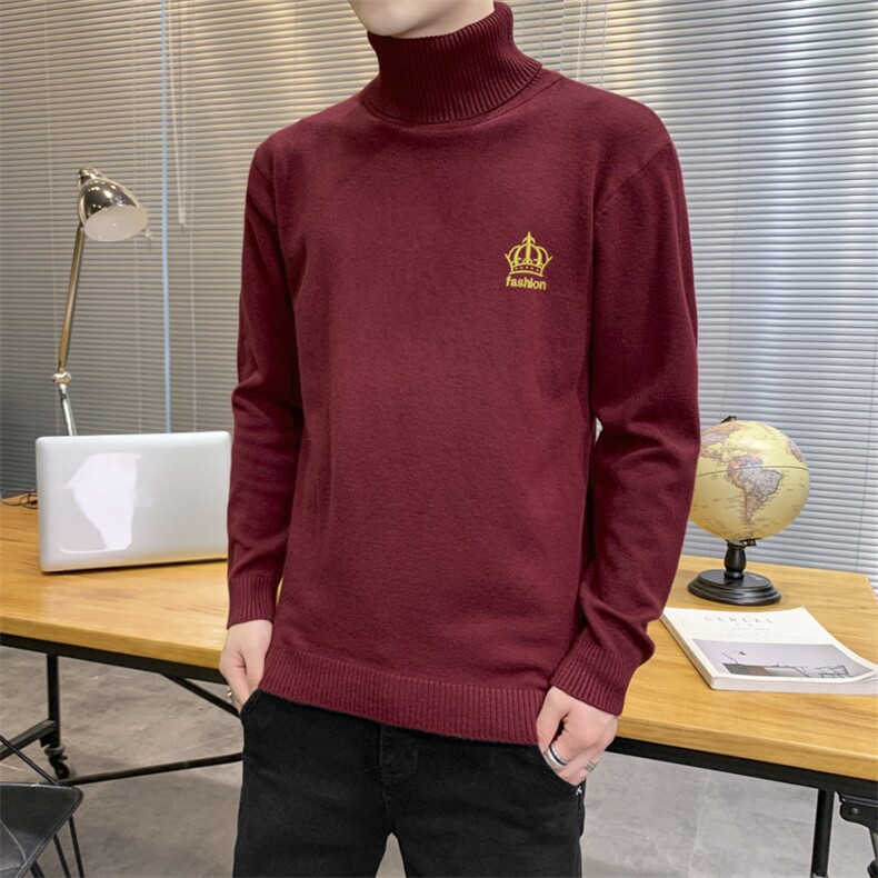 秋冬可翻高领毛衣男皇冠纯色长袖男刺绣毛衫打底针织衫黑M253P33,男装针织衫/毛衣,星座1207