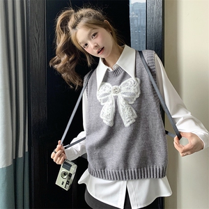 灰色蝴蝶结针织马甲套装2025新款女春季学院风气质衬衫马夹两件套图片
