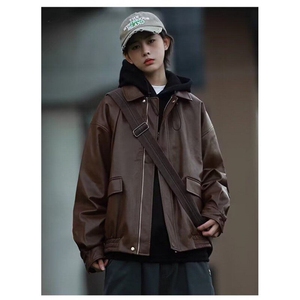 美式复古皮衣外套男女2024春秋季新款短款宽松廓形机车翻领夹克图片