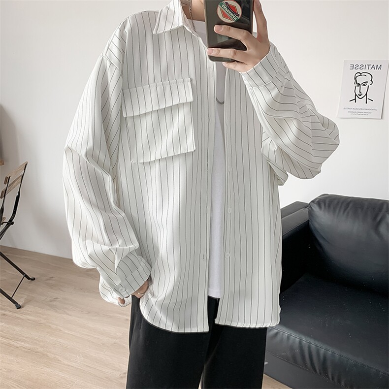 910A-C4-P45控58港风秋装新款小清新情侣百搭口袋条纹衬衫外套男,男装衬衫,星座910A