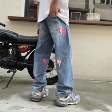 美式高街复古水洗闪电牛仔裤男女同款宽松百搭直筒潮牌休闲长裤，男装牛仔裤，四季星座505
