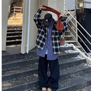 美式复古丹宁蓝阔腿弯刀牛仔裤男解构宽松直筒宽松休闲长裤子潮牌