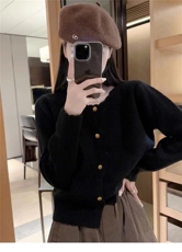 2024秋冬新款简约百搭纯色单排扣短款针织羊毛开衫女长袖，女装羊毛衫，戎咖羊绒