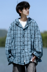 廓形防晒衬衫男夏季长袖冰丝薄款亚麻格子衬衣开衫外套CS29006P48，男装衬衫，电商B312