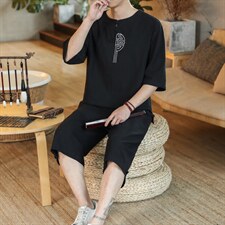 风夏款盘扣刺绣休闲男士套装大码T恤7分裤七分袖潮A822-P80，男装T恤，钱塘788(原4013)