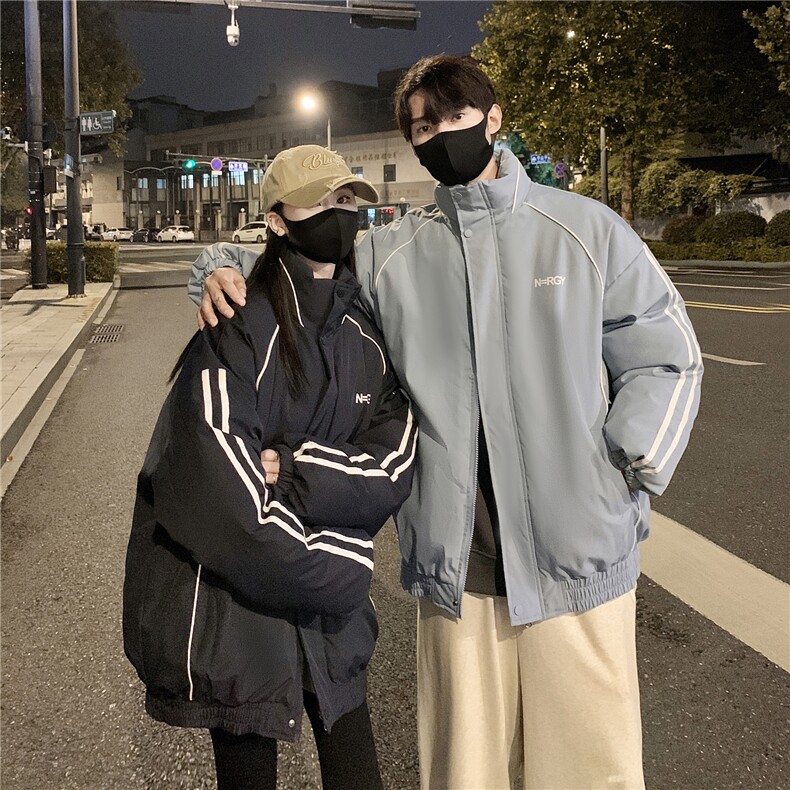 情侣装冬装港风条纹织带棉服棉衣休闲加厚外套男女G1107P118,男装棉衣,电商A339