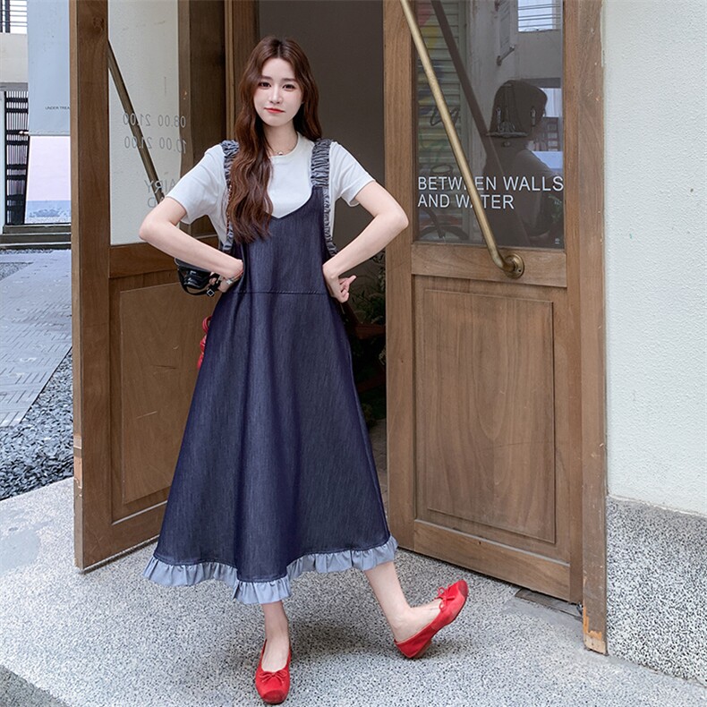 深蓝色牛仔背带裙T恤套装女2025年夏季新款超好看俏皮减龄两件套图片