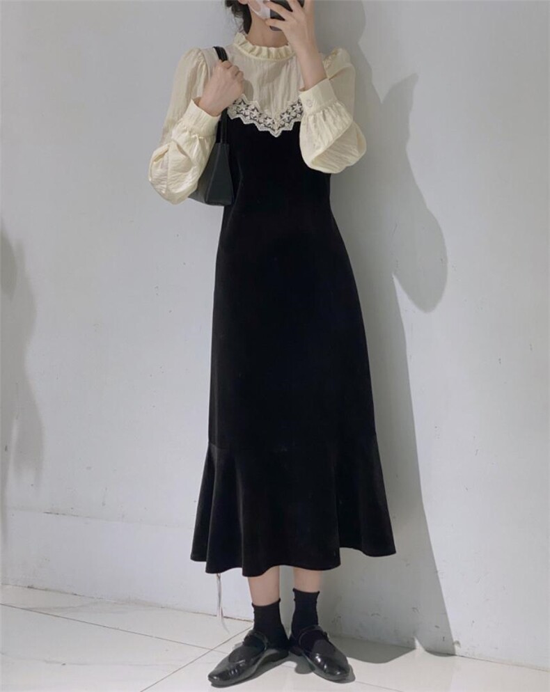 拼接丝绒鱼尾连衣裙，女装连衣裙，驿谷