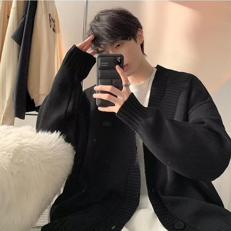 V领设计感开衫毛衣纯色针织开衫春秋毛衣开衫森系日系毛衣外套，男装针织衫/毛衣，星座1210-1